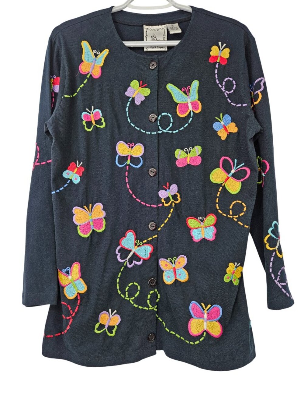 Michael Simon Lite Vintage Embroidered Butterfly Cardigan Black Women's Size S